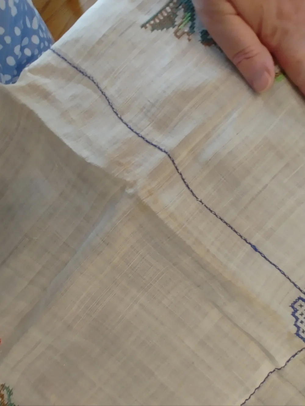 Hand-Embroidered Blue & Cream Tablecloth - Antique Linen 84